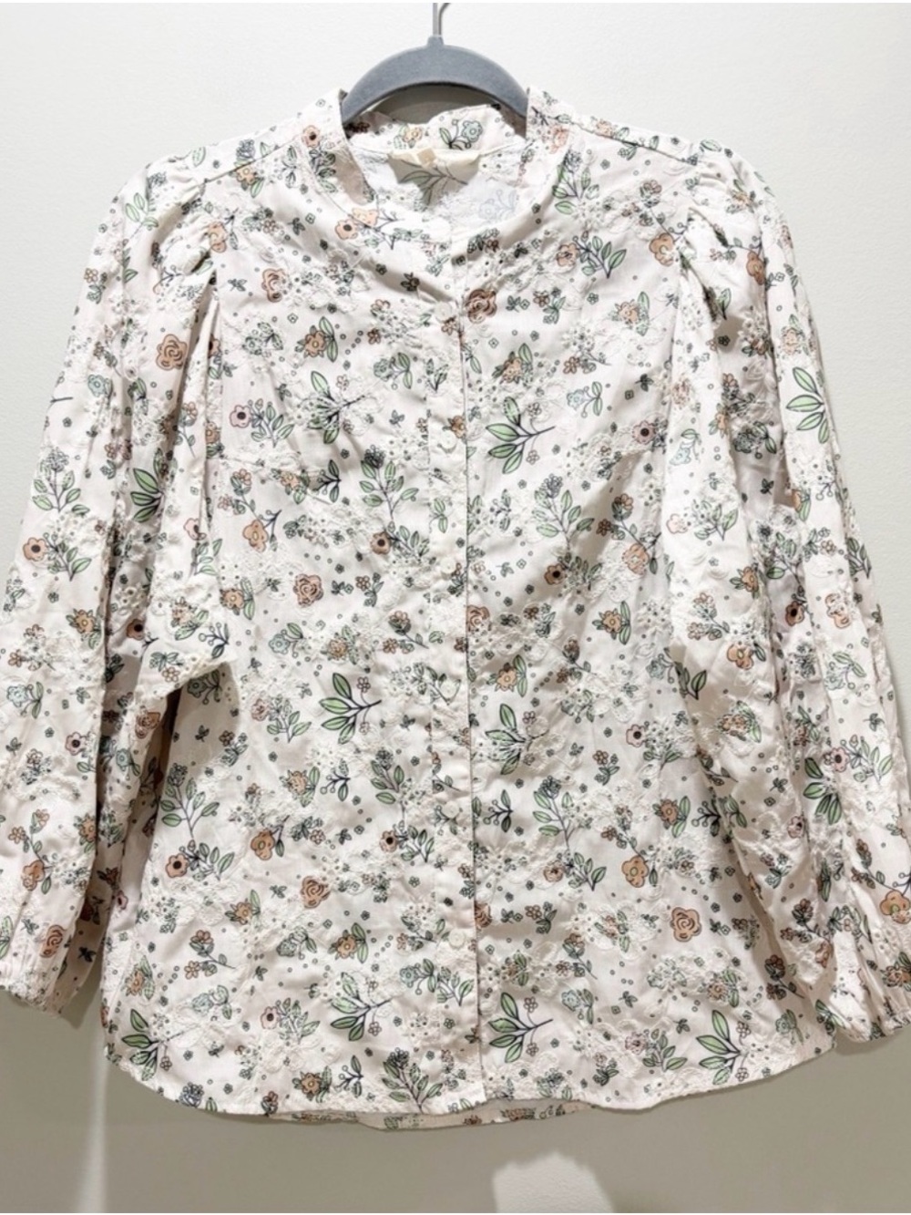 SOLITAIRE Eyelet Floral Long Puff Sleeve Button-Up Cotragecore Top